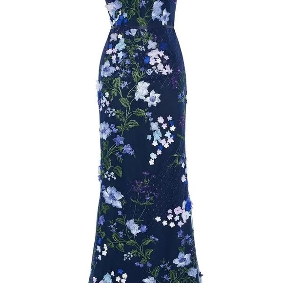 Marchesa Notte Cold-Shoulder Lattice Embroidered Gown w/ 3D Flowers - Picture 5 of 9